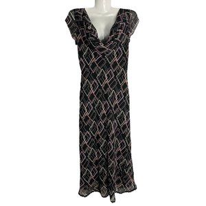 Vintage Y2K BCBG Silk Sheath Dress 2 Black Geometric Cowl Neck Midi Lined